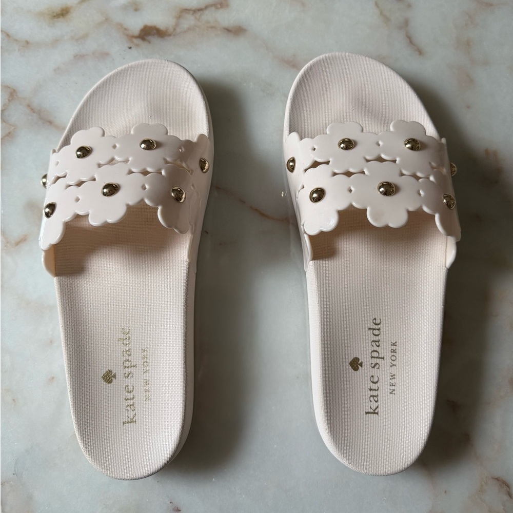 Kate Spade Cream Floral Slides with Gold Accents